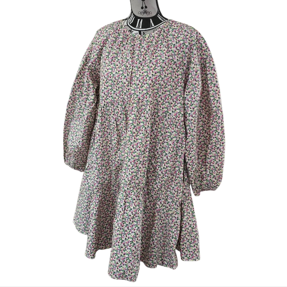 H&M Sz Small Floral Flowy Shift Mini Long Puff Sleeves Casual Chic Dress Cotton